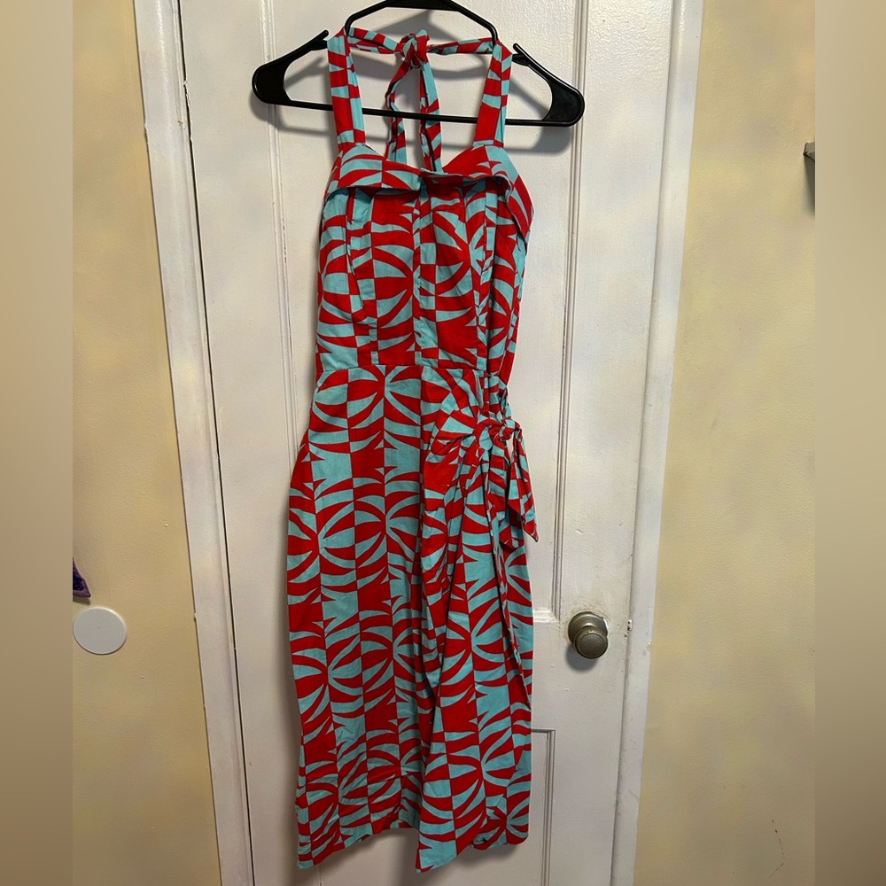 Bernie Dexter red and blue wiggle dress with side tie